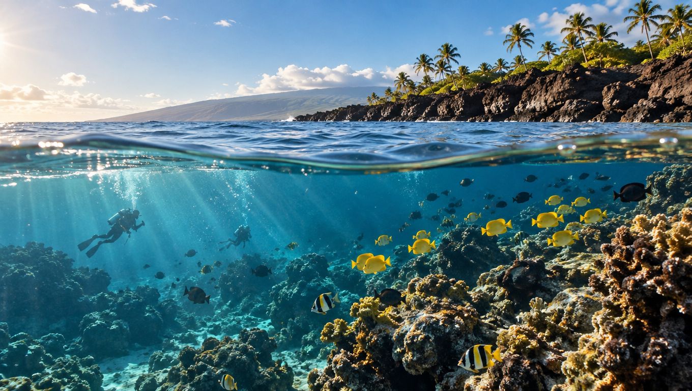 Scuba divers exploring a vibrant coral reef near a tropical Hawaiian island coastline with bright yellow fish.