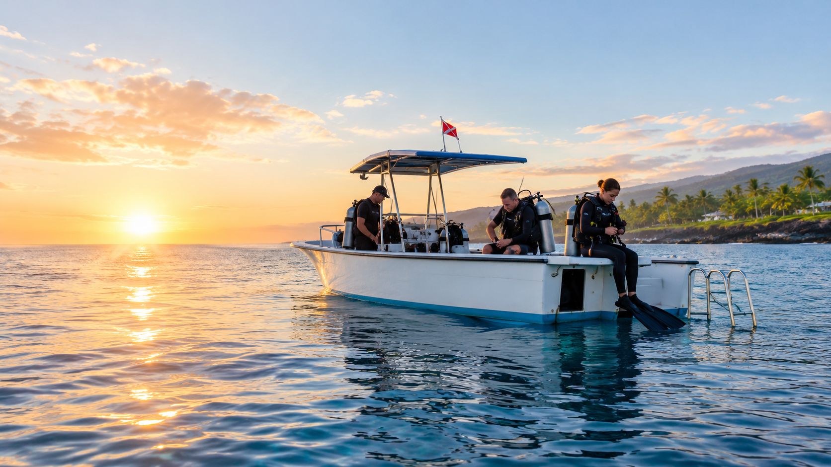 Scuba divers preparing for a sunset dive from a boat on the waters of the Big Island.