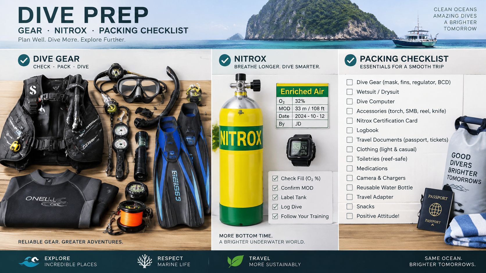A comprehensive diving preparation infographic featuring scuba gear, nitrox tank details, and a travel packing checklist.