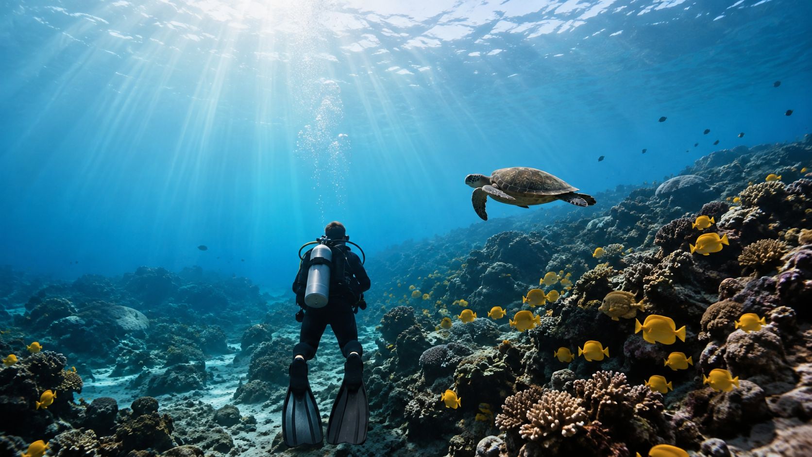 A scuba diver explores a vibrant coral reef alongside a large green sea turtle underwater.
