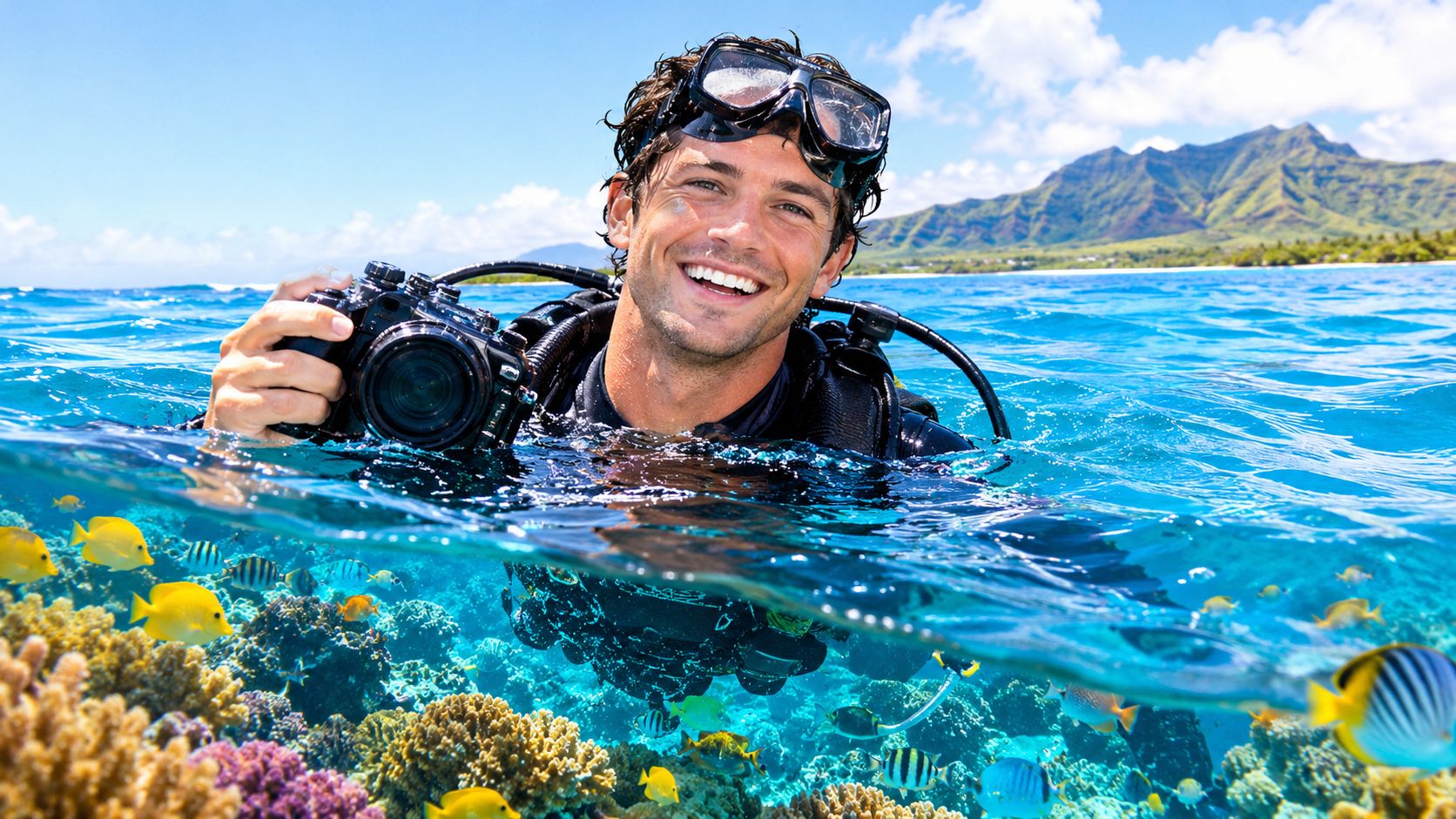A smiling scuba diver surfaces from clear tropical waters while holding an underwater camera near coral reefs.