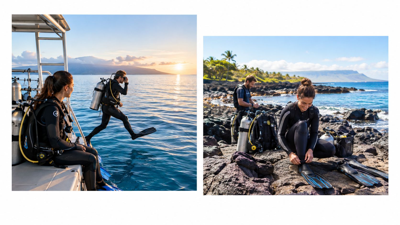 A woman and man preparing for a scuba diving trip on a boat and a rocky beach.