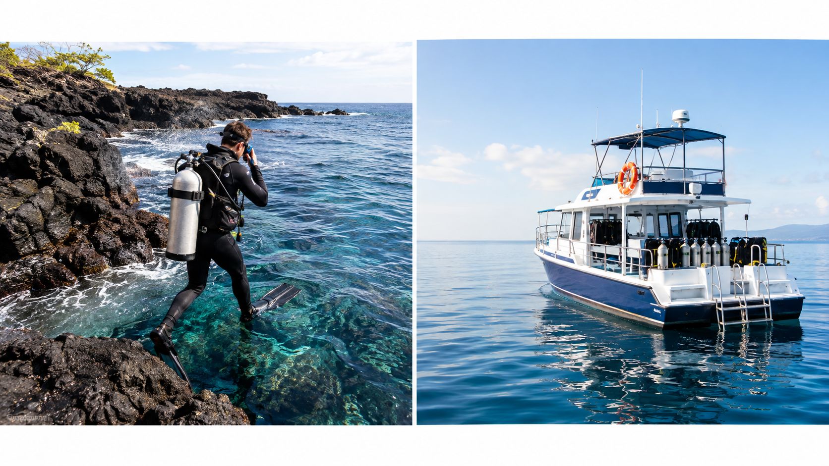 A scuba diver entering the water from volcanic rocks alongside a boat equipped with diving tanks.