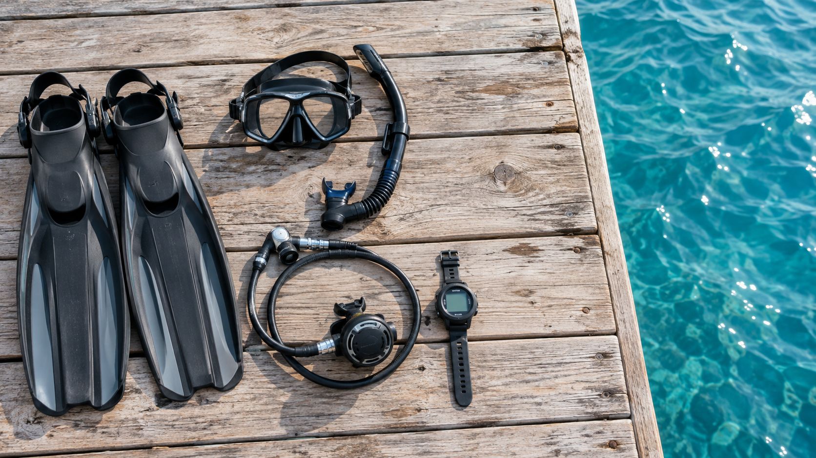 A complete set of scuba diving gear resting on a wooden dock beside the turquoise ocean water.