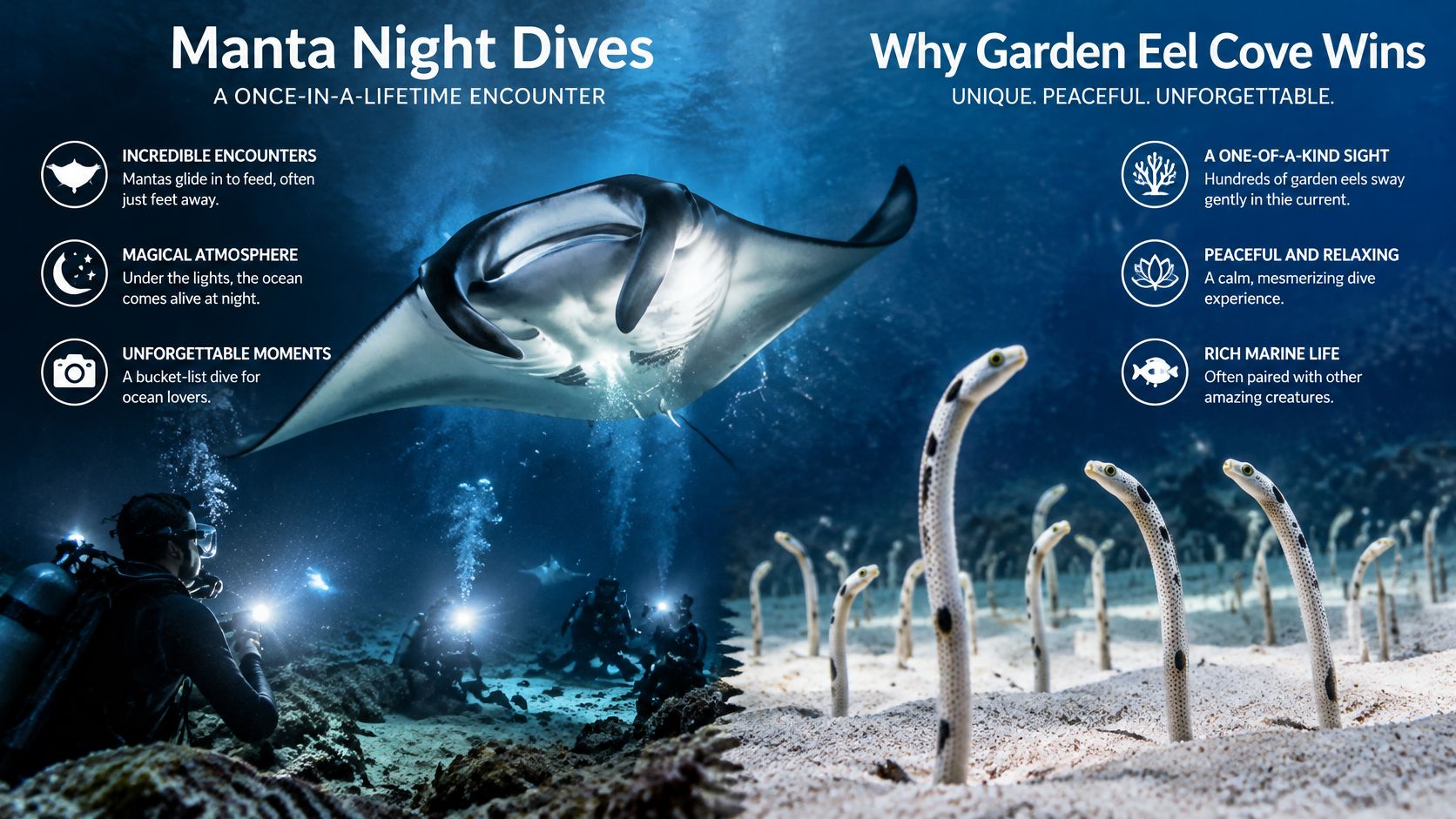A split image showing manta rays at a night dive and garden eels at a sunny dive site.