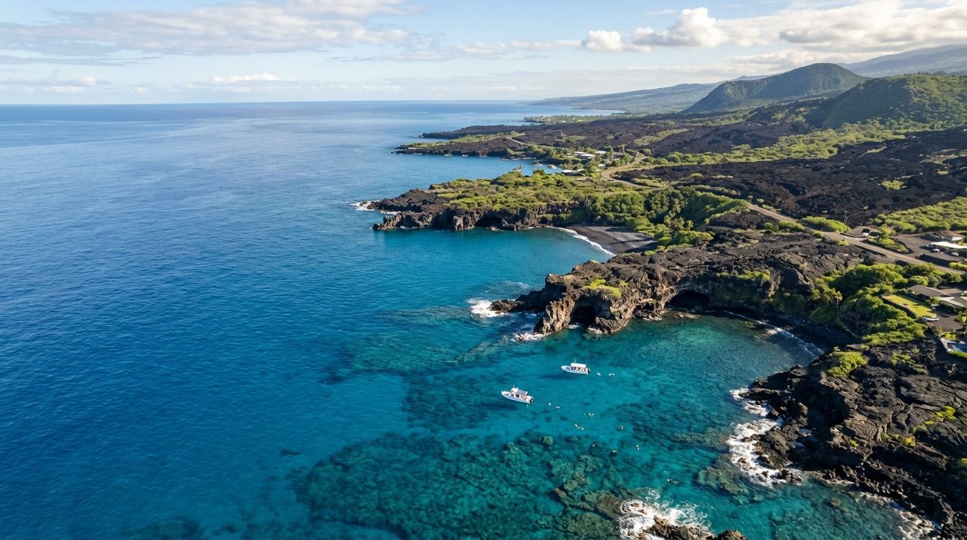 Aerial view of a boat in turquoise coastal waters near a volcanic rock shoreline on Big Island, Hawaii.