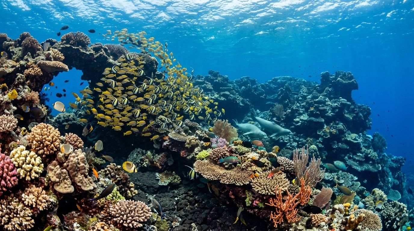 Underwater view of a vibrant coral reef teeming with tropical fish and two seals swimming nearby.