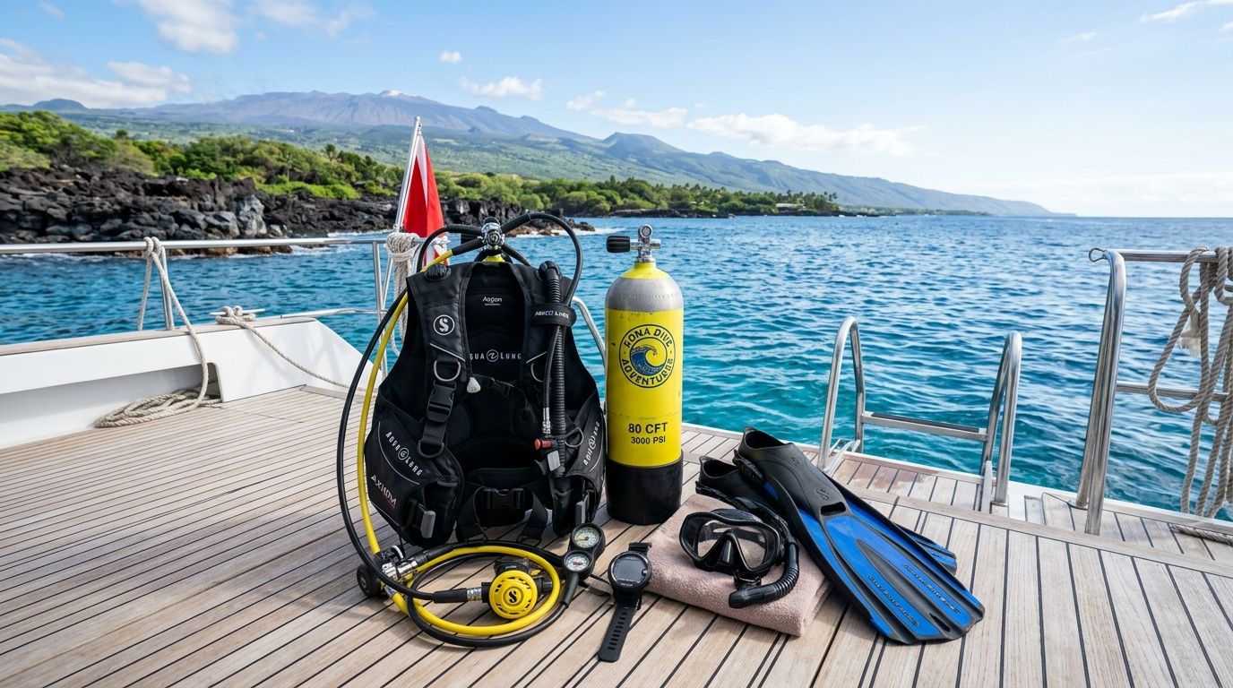 Scuba diving equipment set up on the deck of a boat with a scenic Hawaiian coastline background.