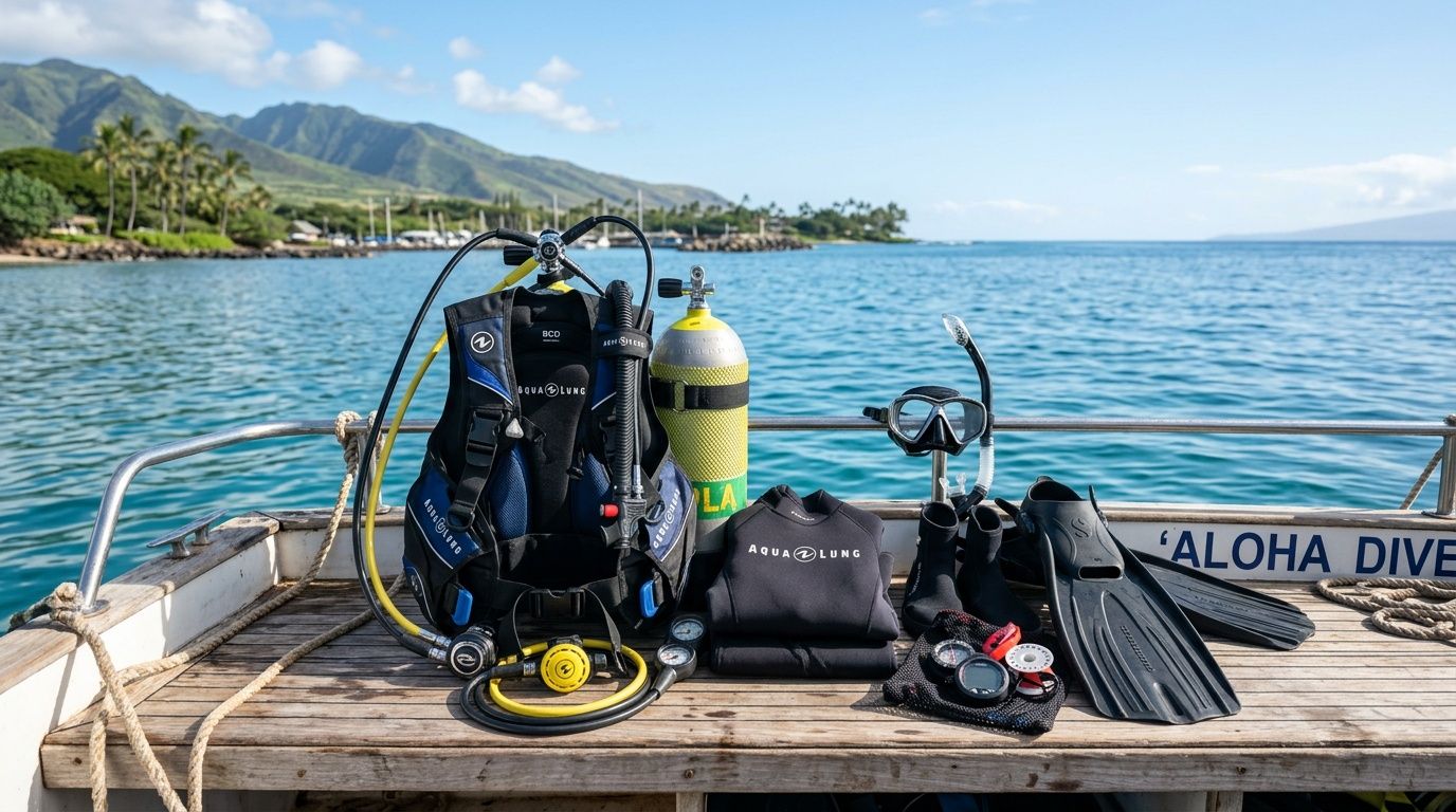 Scuba diving equipment including a buoyancy compensator, air tank, fins, and mask on a boat deck.