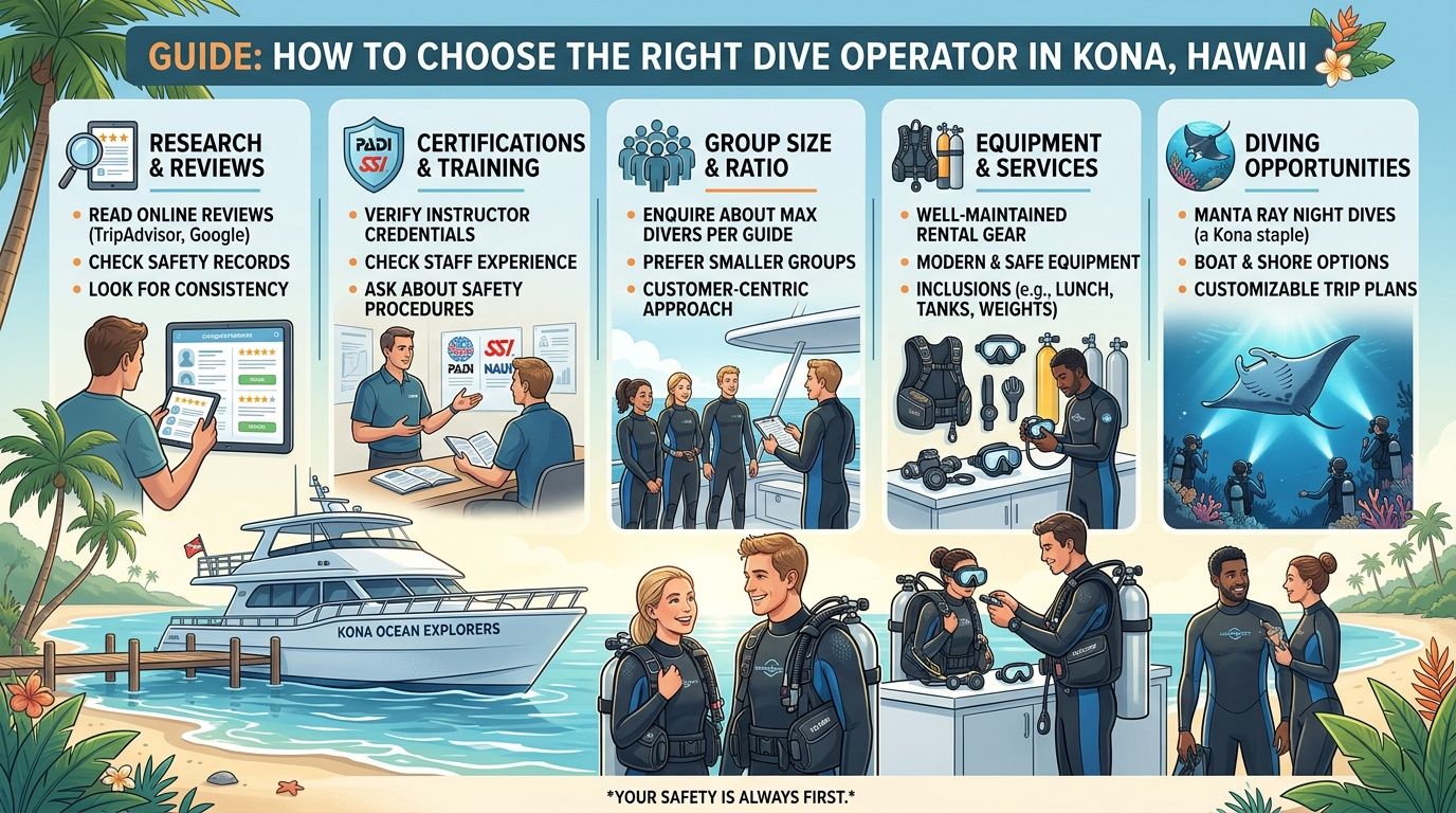 An infographic guide illustrating steps for choosing the right scuba diving operator in Kona, Hawaii.