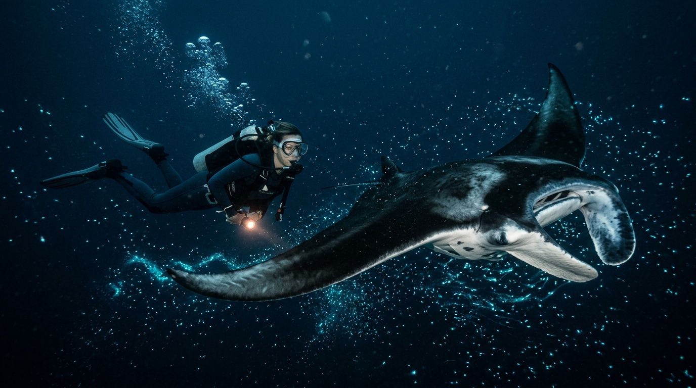 A scuba diver explores the underwater world with a majestic manta ray in the deep blue ocean.
