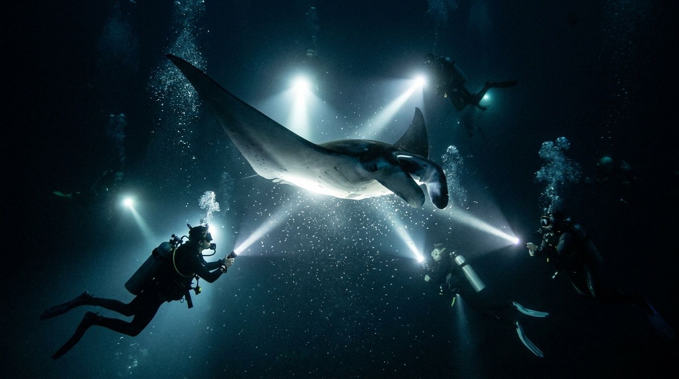Scuba divers use flashlights to illuminate a large manta ray swimming in dark deep ocean waters
