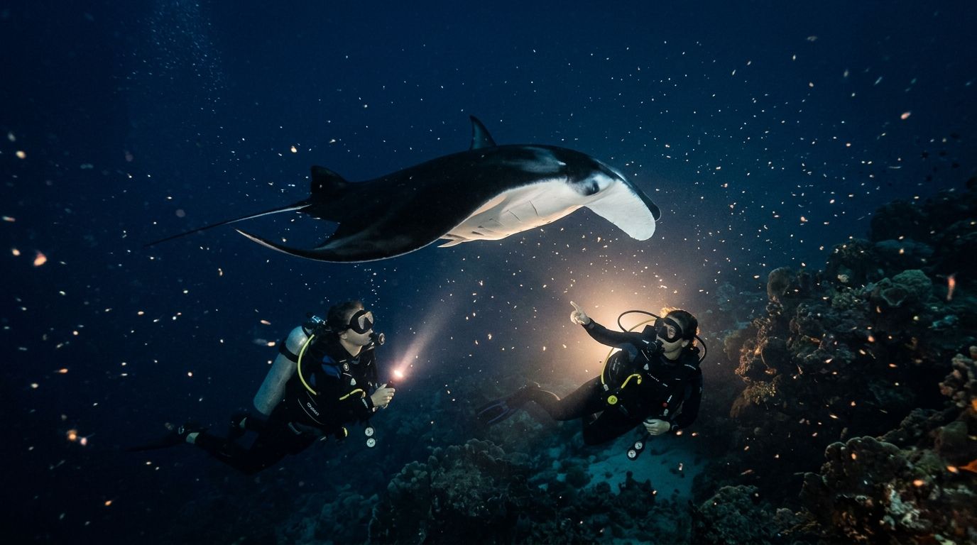 Two scuba divers using flashlights while swimming alongside a majestic manta ray in the deep ocean.