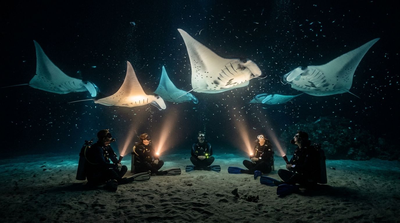Scuba divers sitting on the ocean floor shining lights upward at a group of manta rays