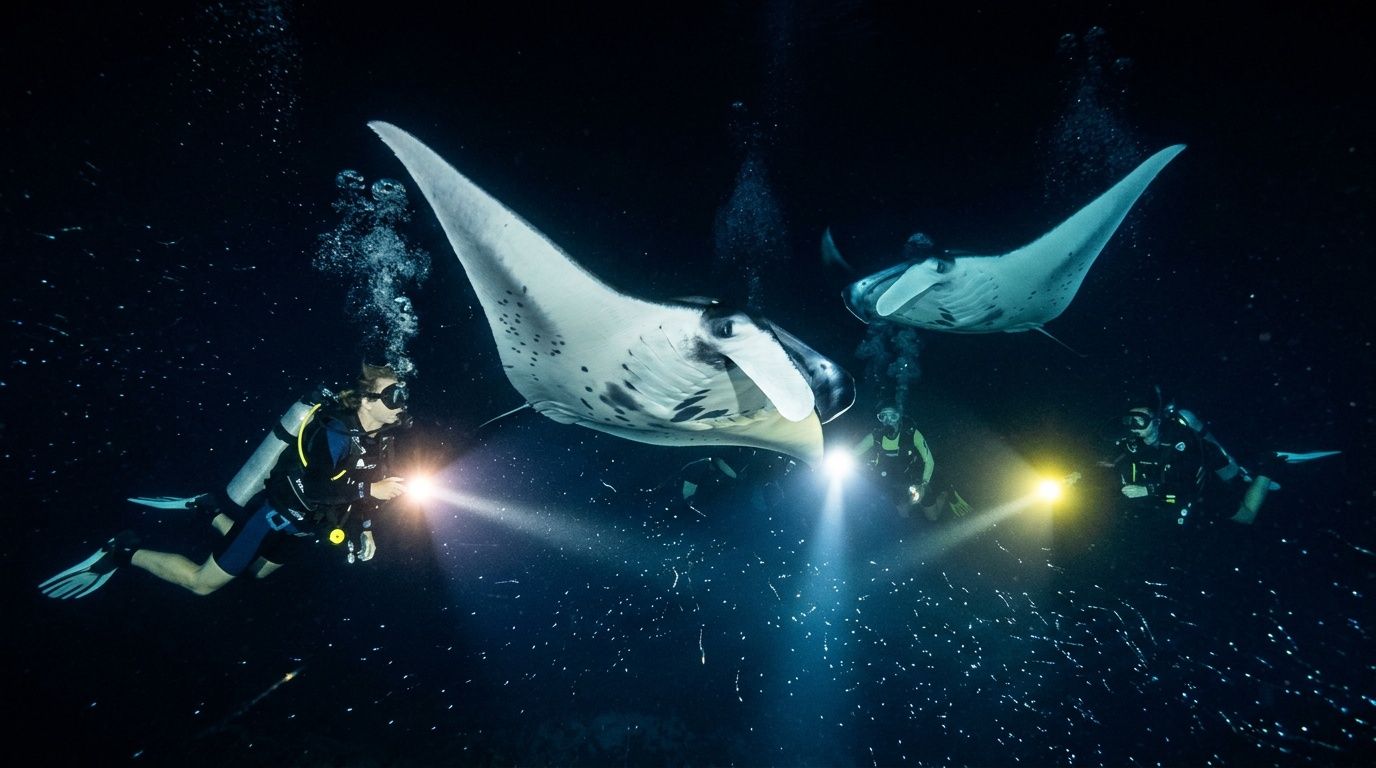 Scuba divers use underwater lights to observe majestic manta rays swimming in the deep dark ocean.