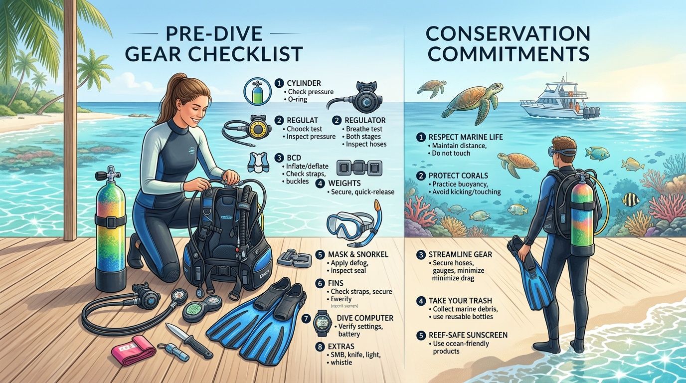 A diver preparing gear on a wooden deck with a list of scuba safety and conservation guidelines.