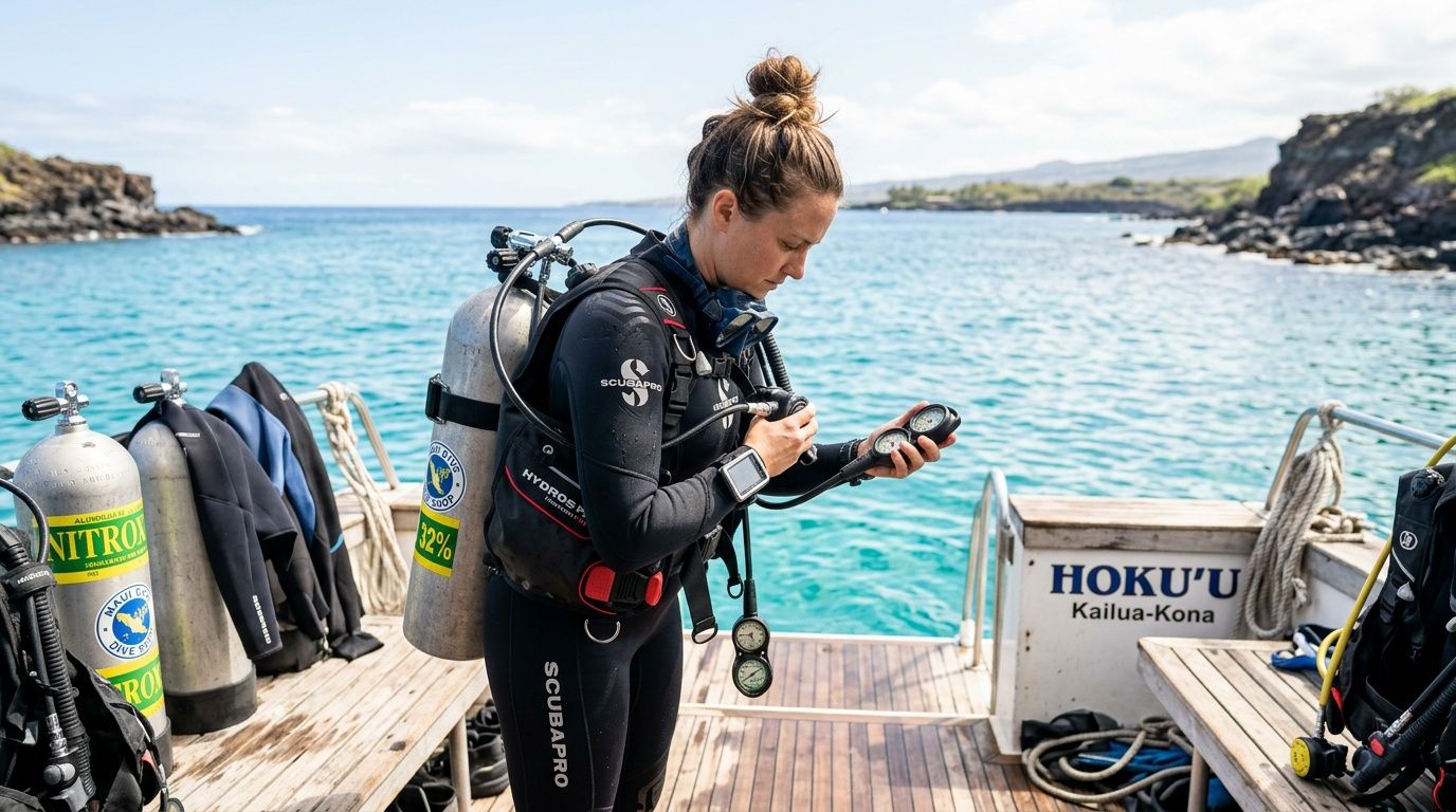 A female scuba diver checking her gauges on a boat deck in Kailua-Kona, Hawaii.