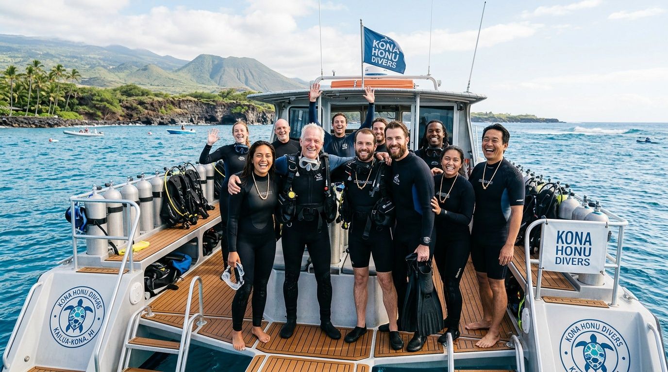 A happy group of scuba divers poses for a photo on a boat in Hawaii.