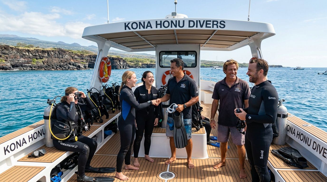 A group of divers and instructors standing on a Kona Honu Divers boat in Hawaii.