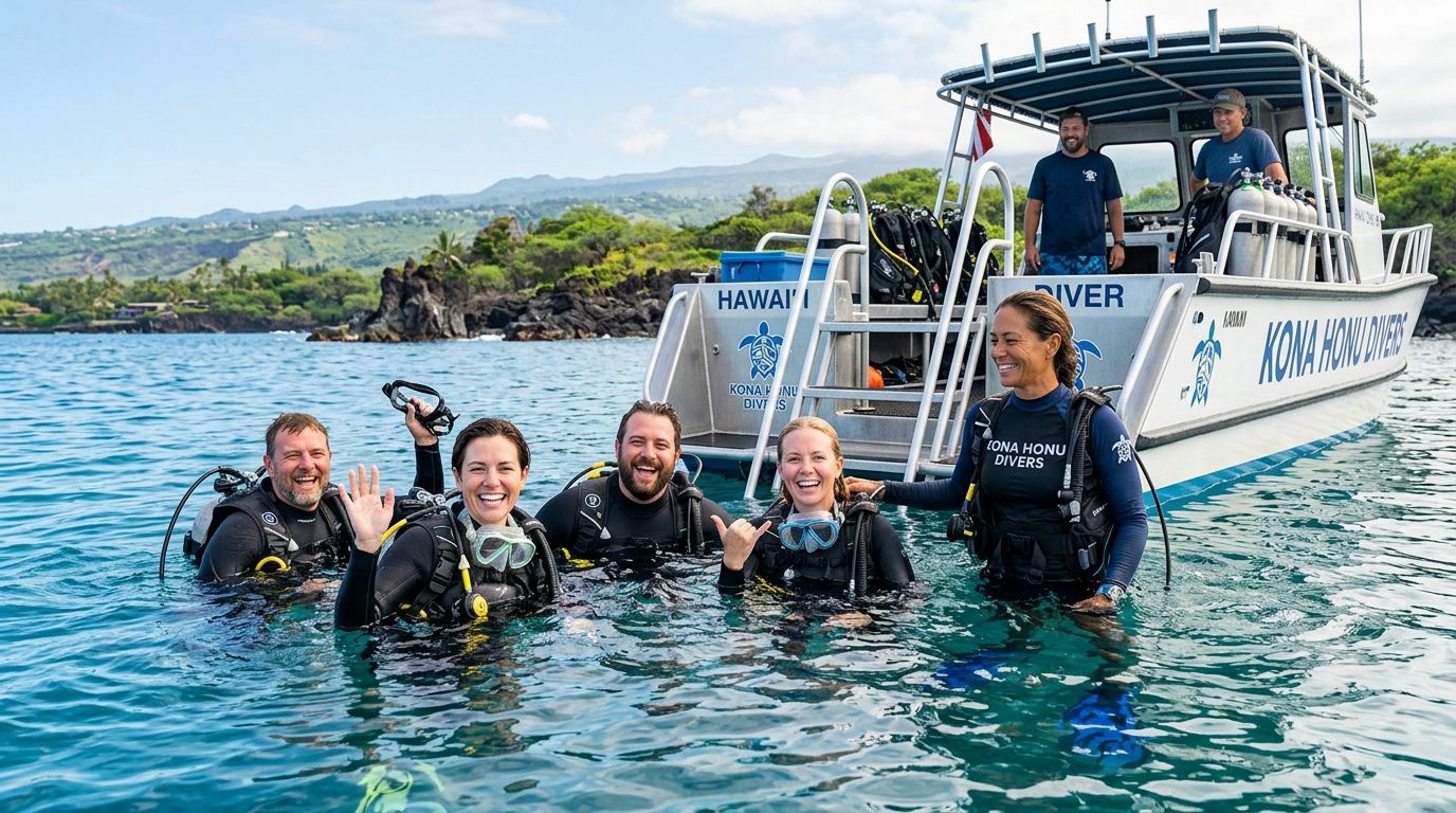 A group of happy divers in the water smiling next to a Kona Honu Divers boat in Hawaii.
