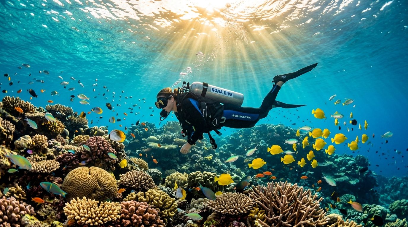 A scuba diver explores a vibrant coral reef teeming with colorful tropical fish on the Big Island.