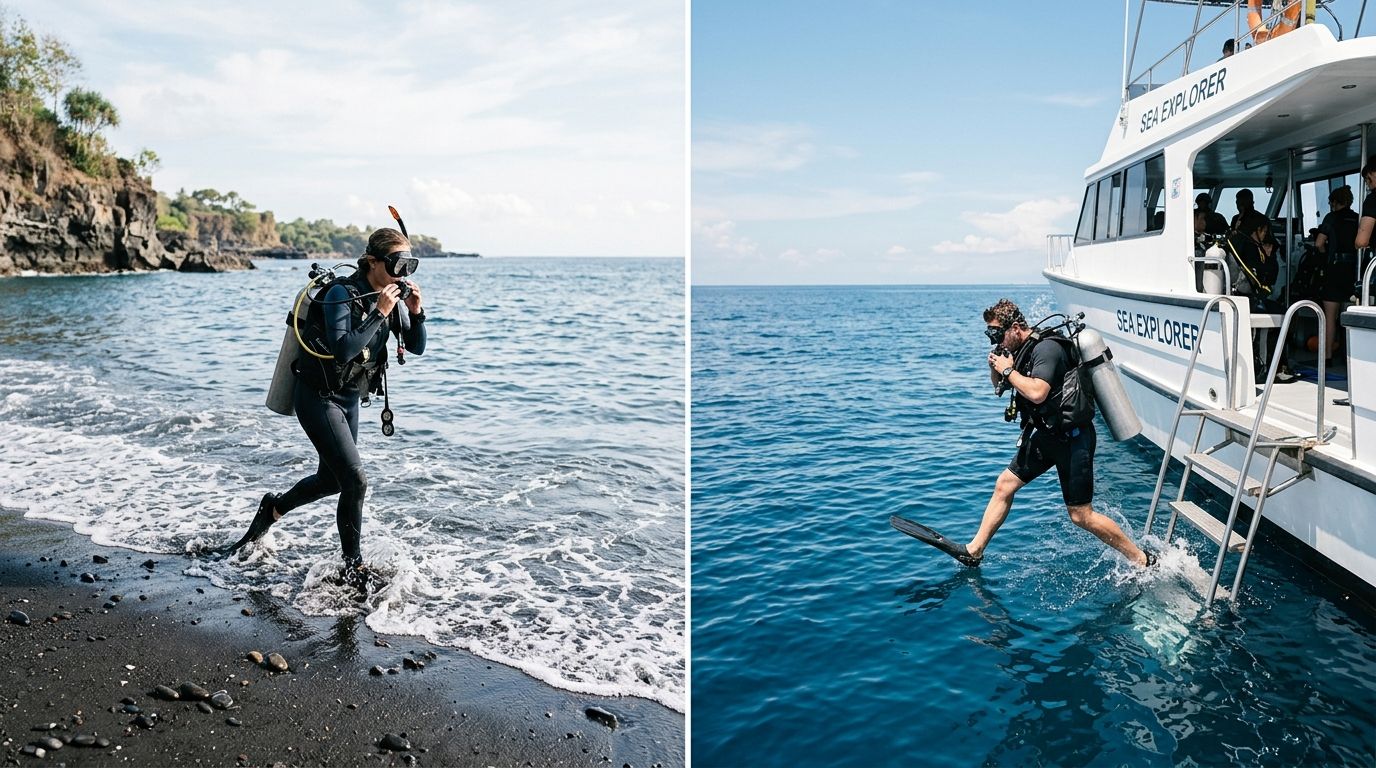 A scuba diver entering the water from a black sand beach and another jumping from a dive boat.