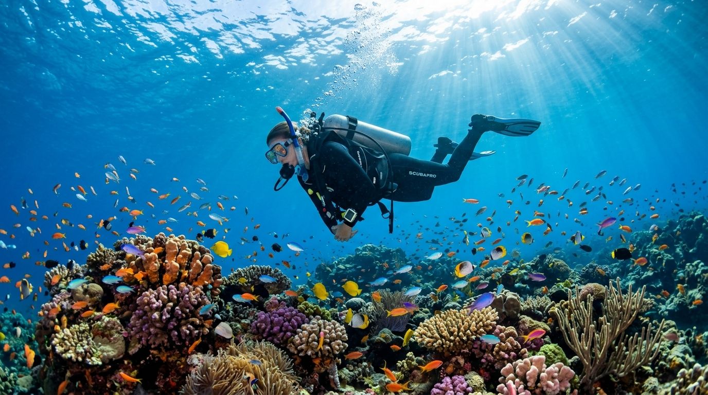 A scuba diver explores a vibrant coral reef teeming with colorful tropical fish underwater in Hawaii.