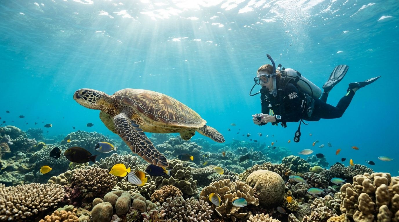 A scuba diver explores a vibrant coral reef alongside a large green sea turtle underwater.