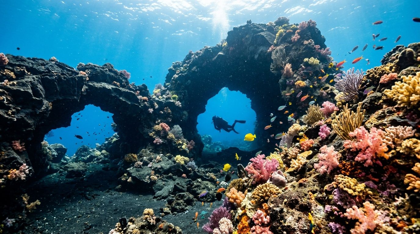 A scuba diver explores a stunning natural underwater volcanic rock arch surrounded by colorful coral reefs.