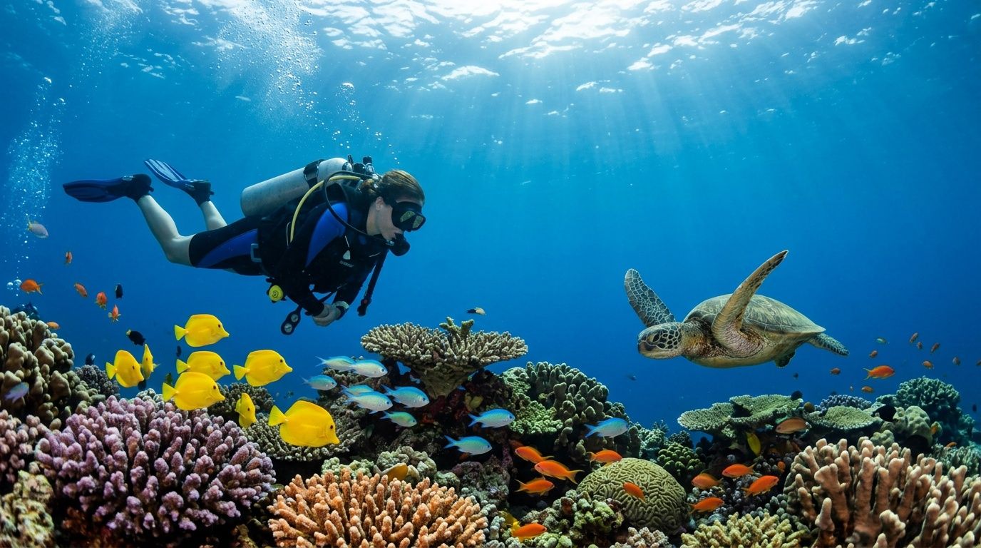A scuba diver explores a vibrant coral reef alongside a graceful sea turtle in clear blue water.