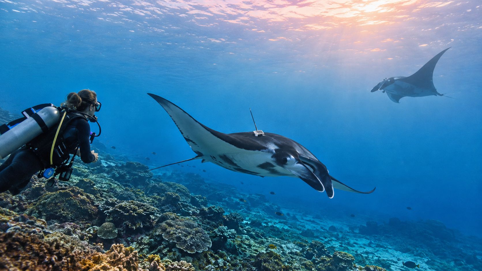 A scuba diver swims underwater near a manta ray tagged with a tracking device on a reef.