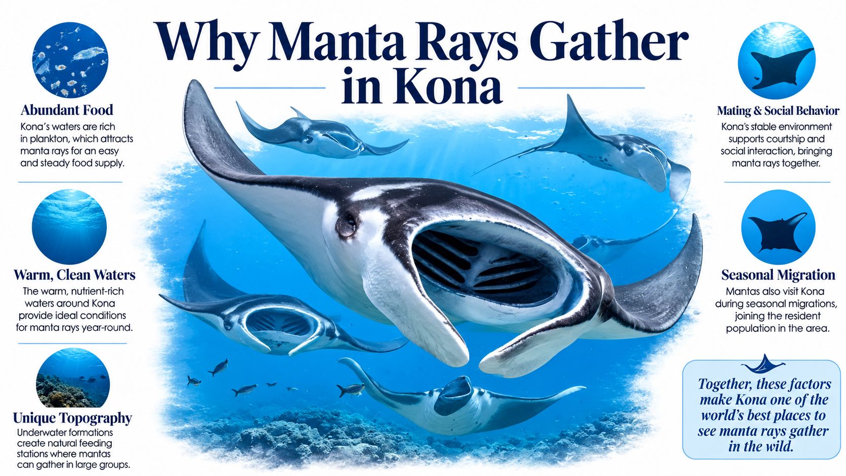 A visual infographic explaining why manta rays congregate in the waters of Kona, Hawaii, showcasing natural factors.