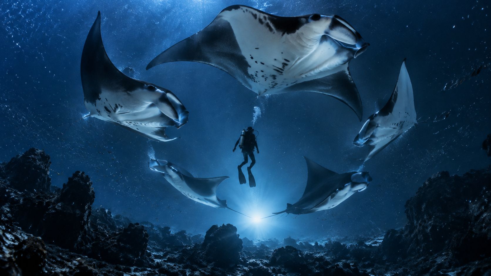 A scuba diver floats surrounded by a graceful school of giant manta rays during a night dive.