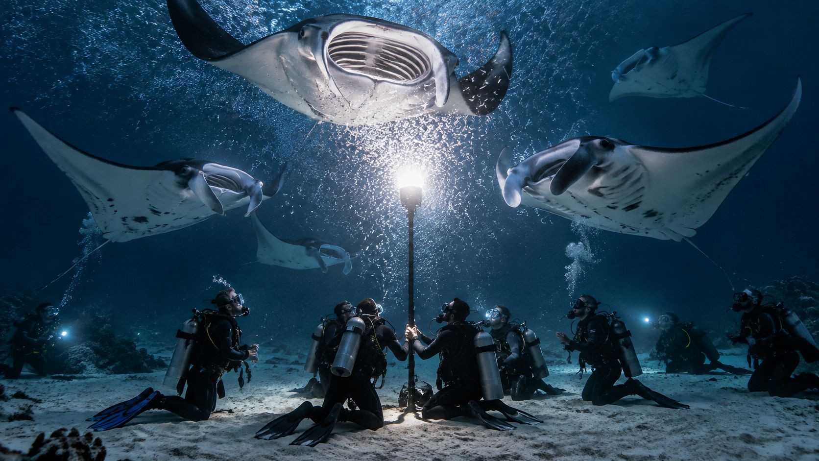 Scuba divers kneeling on the ocean floor observing large manta rays swimming around a bright underwater light.