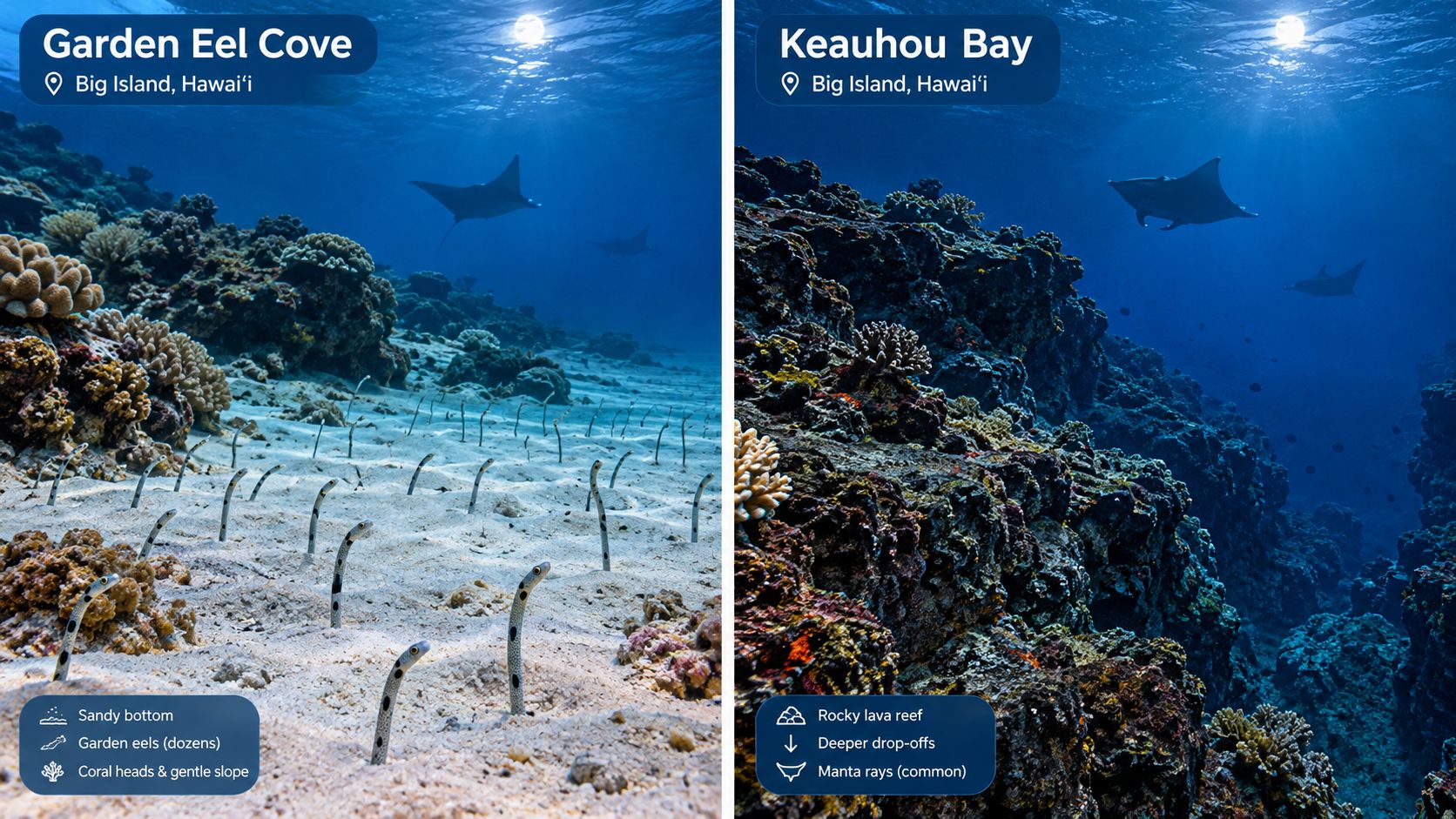 A split-screen view showing the sandy bottom of Garden Eel Cove and the rocky reef of Keauhou Bay.