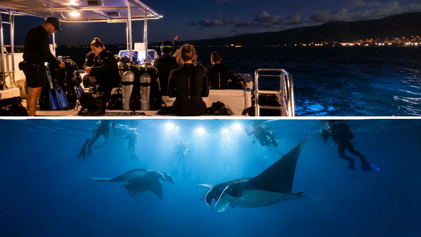 Divers preparing on a boat and swimming with manta rays at night off the Big Island coast.