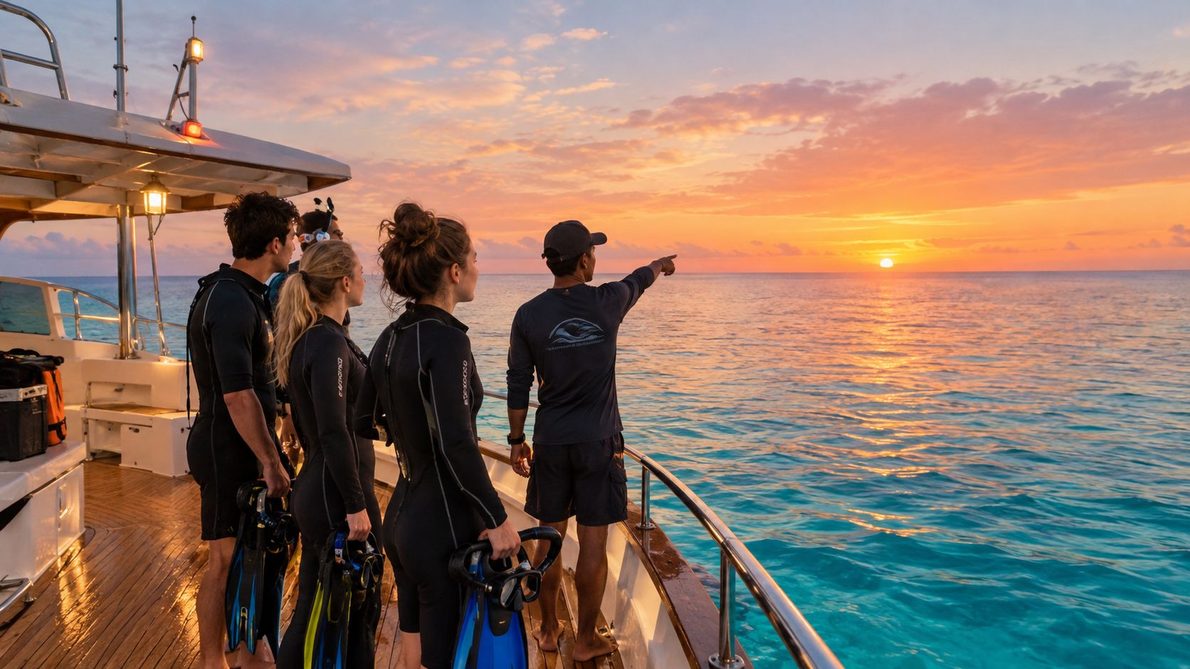 A group of people on a boat preparing for a manta ray night snorkel at sunset.