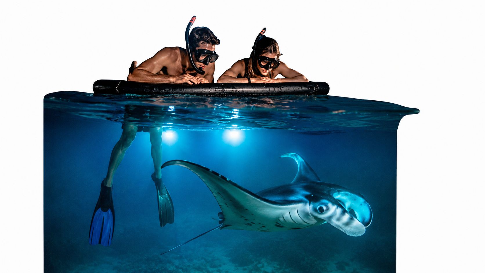 Two snorkelers observing a large manta ray gliding through the deep blue ocean water at night