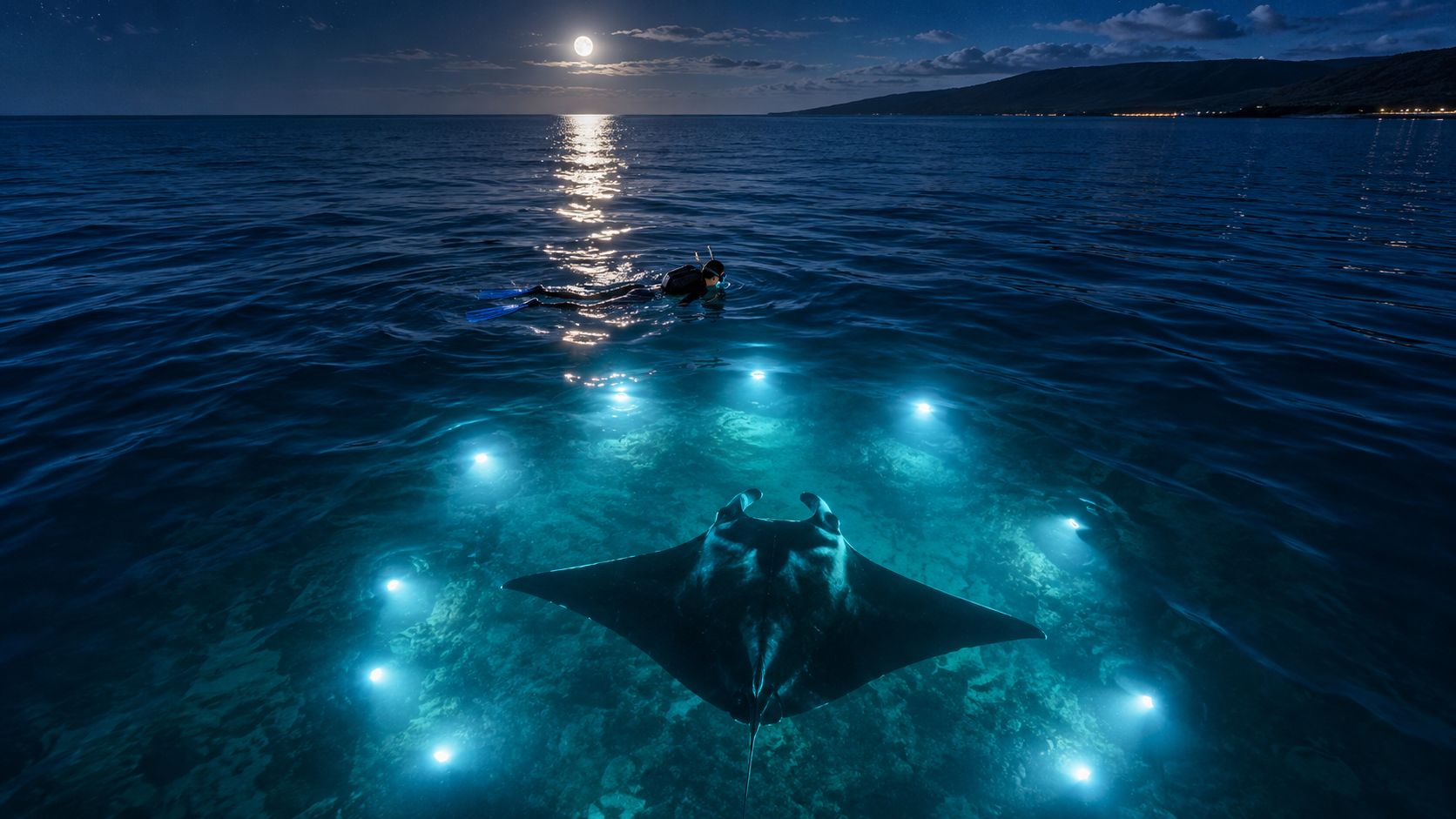 A snorkeler observing a manta ray underwater at night illuminated by bright floating lights in the ocean