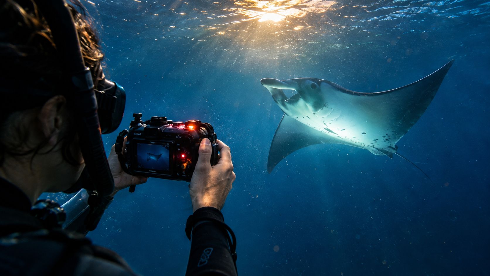 A scuba diver captures a close-up photograph of a majestic manta ray swimming underwater in sunlight.