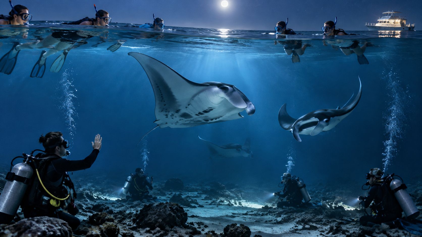 Snorkelers and scuba divers watching manta rays underwater during a night excursion near a boat.