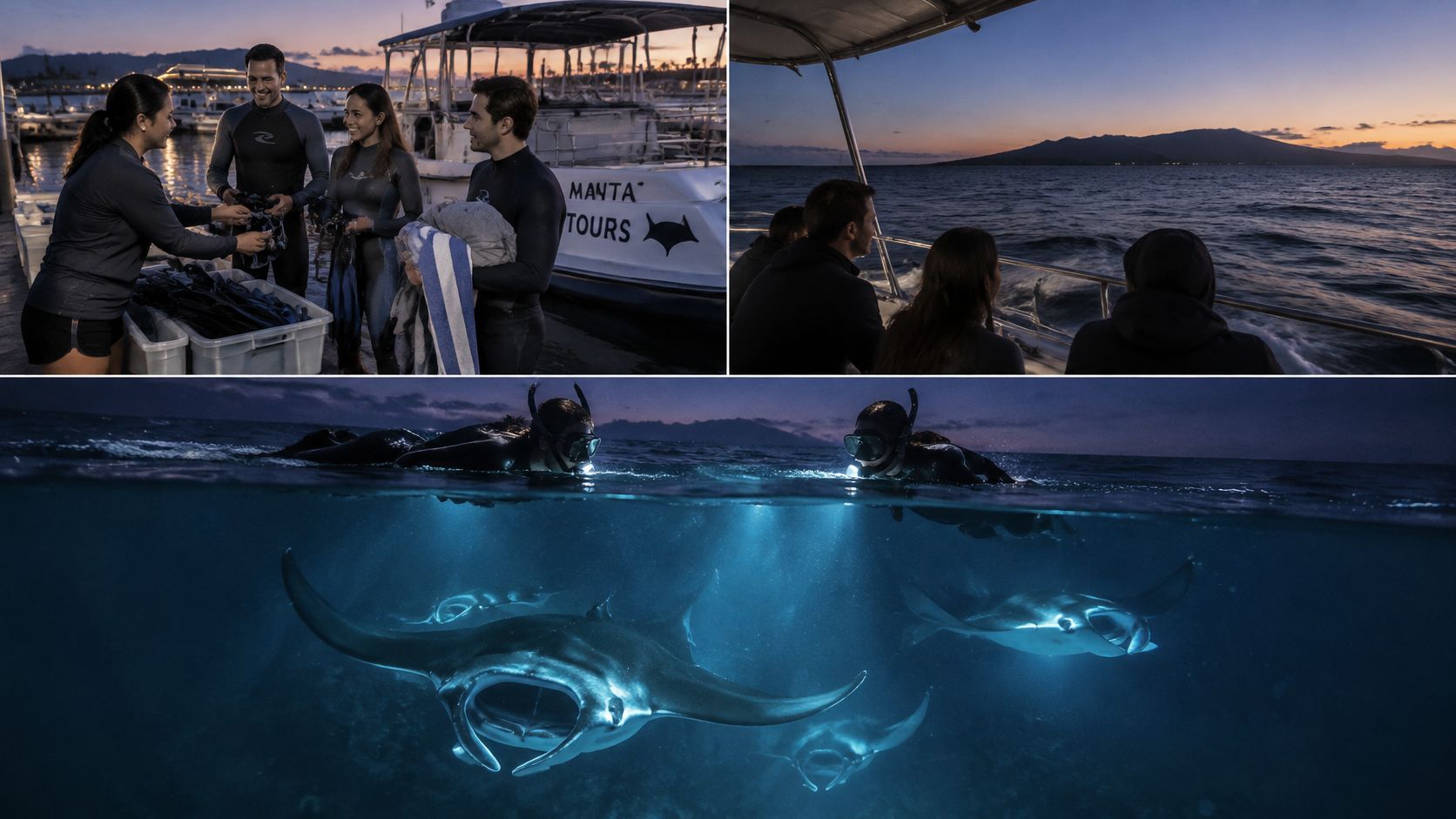 A composite image showing tourists preparing for a manta ray night snorkeling excursion on the Big Island.