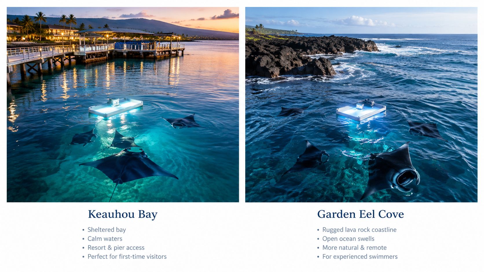 Comparison of two night manta ray snorkel locations: calm Keauhou Bay versus rugged Garden Eel Cove.