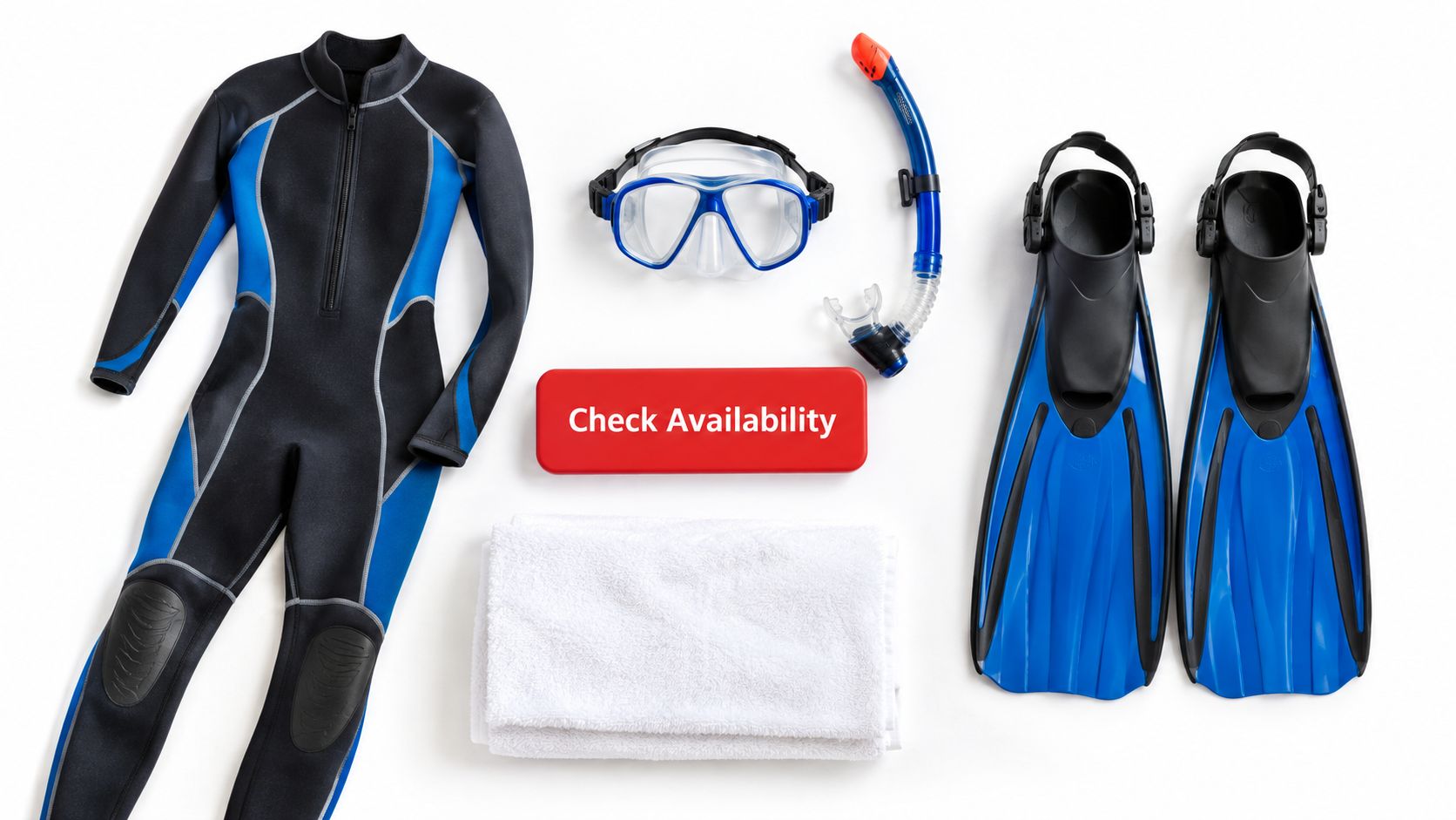A wetsuit, snorkel mask, blue fins, and a white towel for a manta ray night snorkel excursion.