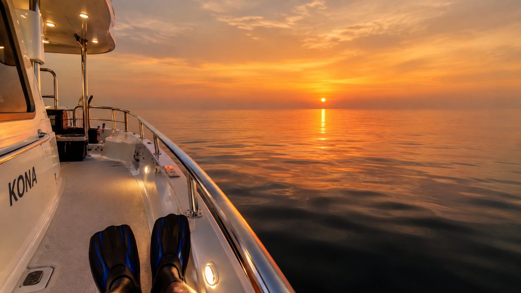 A view from the deck of a boat at sunset, showcasing scuba fins ready for a night adventure.