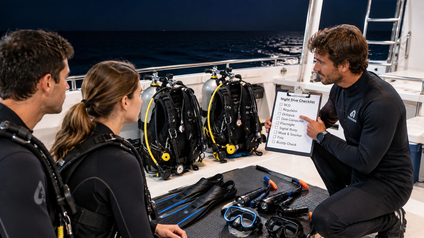 A scuba instructor reviews a night dive safety checklist with two divers on a boat at night.