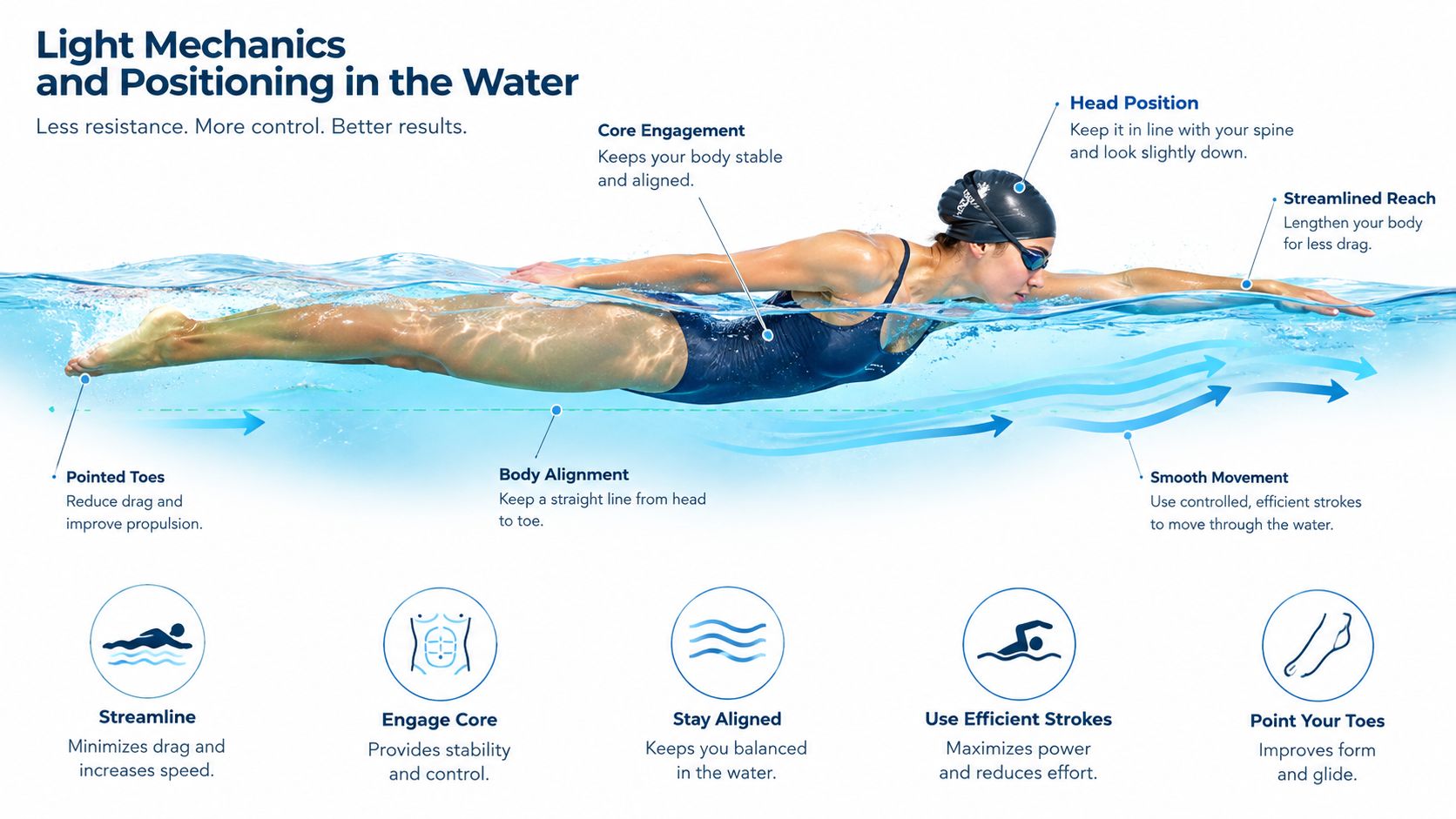 A swimmer demonstrates proper body positioning and mechanics in the water to reduce drag and improve swimming efficiency.