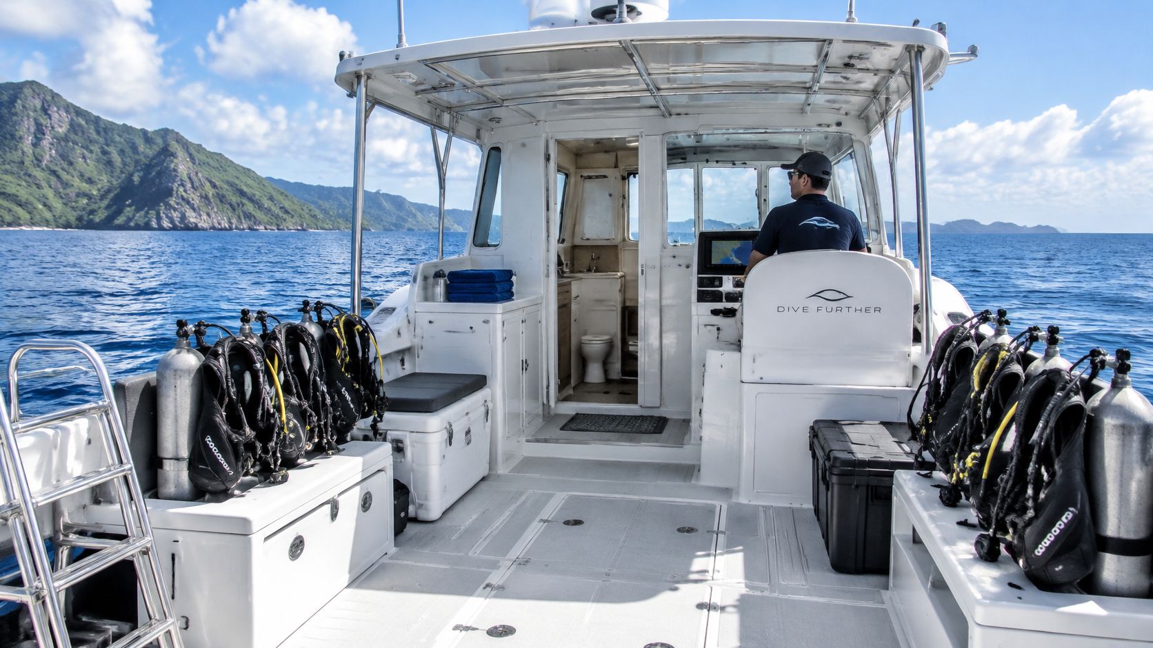 A view from the deck of a scuba diving boat with gear, facing the captain and ocean.