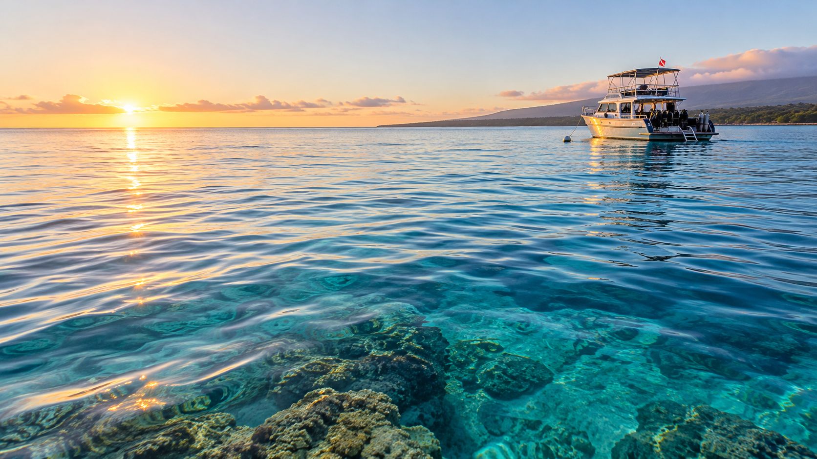A boat sits in calm, clear blue water near a coral reef during a beautiful golden sunset.