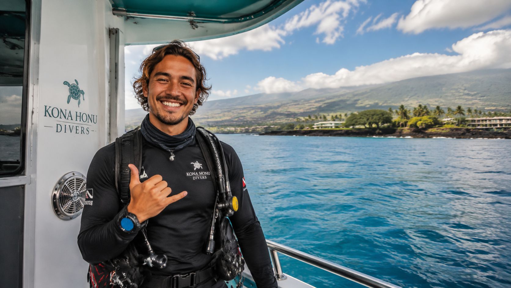 A smiling male diver giving a shaka sign on a boat in Kona, Hawaii for scuba diving.